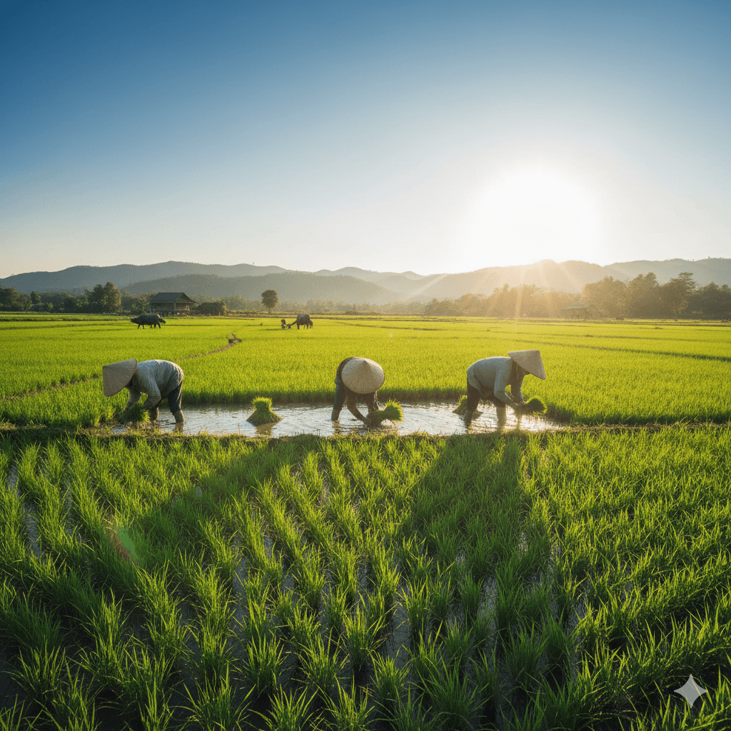 Starting a Rice Farm: Everything You Need to Know A lush green rice farm with farmers working under the sun.
