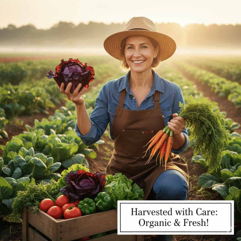 A farmer proudly harvesting fresh organic produce.