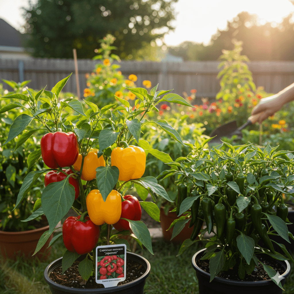 Fresh capsicum plants growing happily in containers.