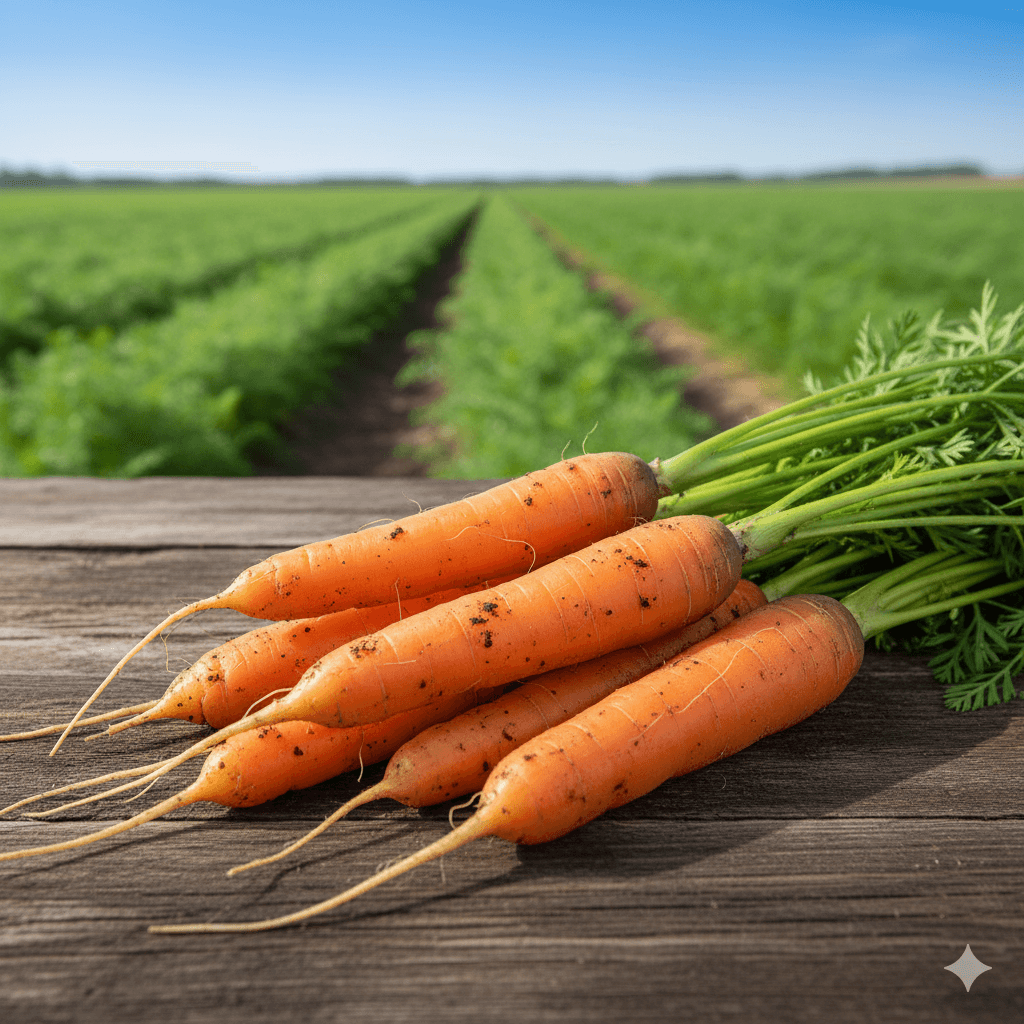 The carrots vary in size and shape, some are long and slender, while others are plump and slightly gnarled, covered in small specks of rich, dark brown soil, indicating they were just harvested.