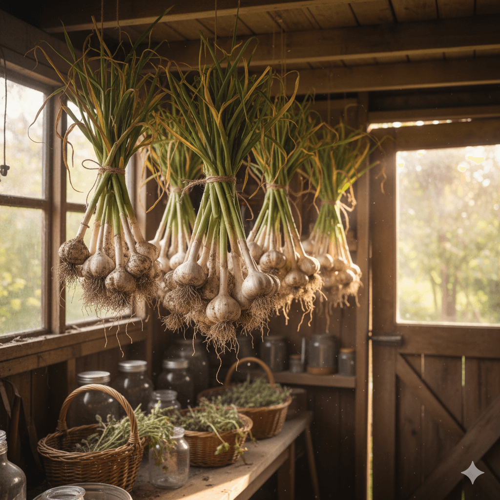 A beautiful, photo-realistic image of garlic bulbs curing in a rustic, well-ventilated garden shed.